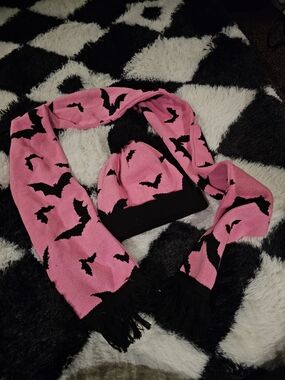 Pink Bat Pattern Knit Beanie and Scarf Set